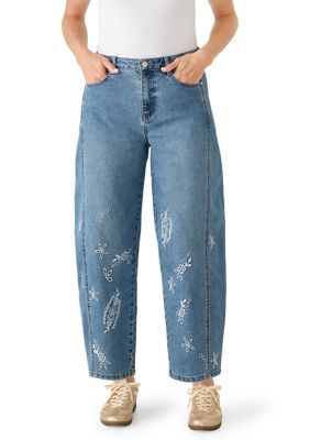 Vanilla Star Women's Floral Embroidery Barrel Leg Mom Jeans, 16