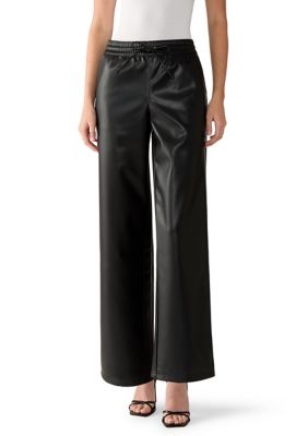 Vanilla Star Women's Pull-On Faux Leather Wide Leg Pants, Black, XL