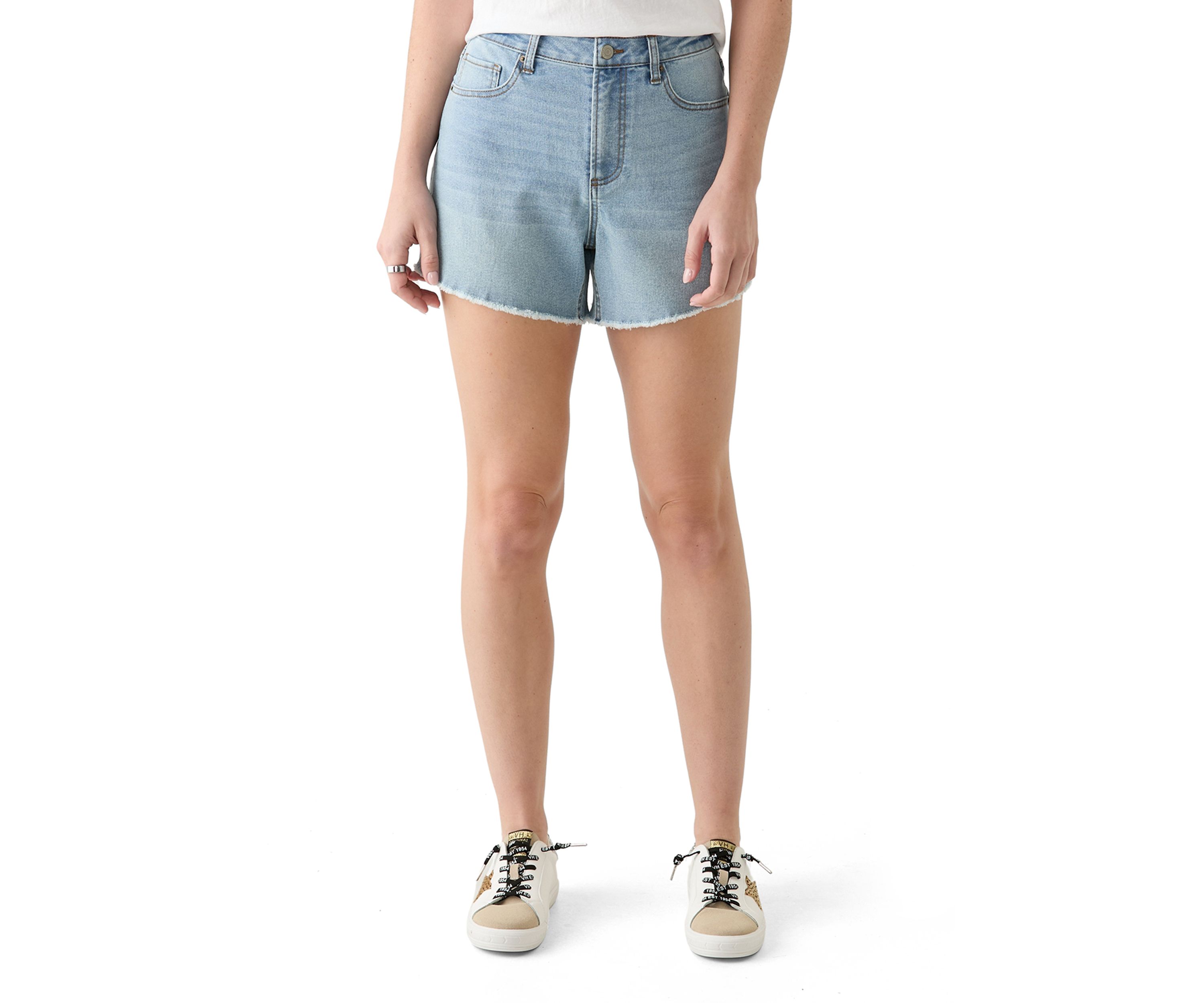 Womens High Rise Fray Longline Denim Shorts