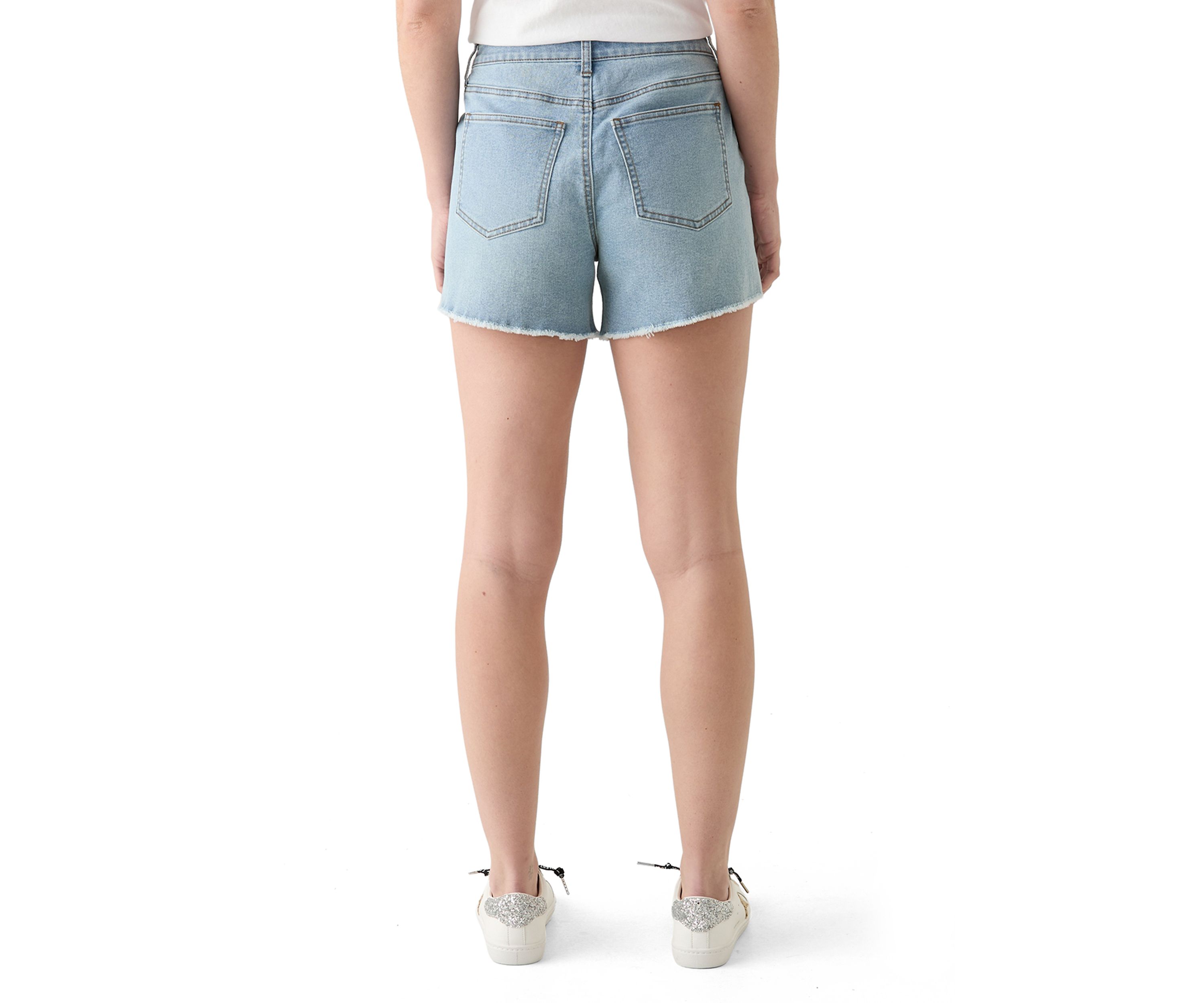 Womens High Rise Fray Longline Denim Shorts