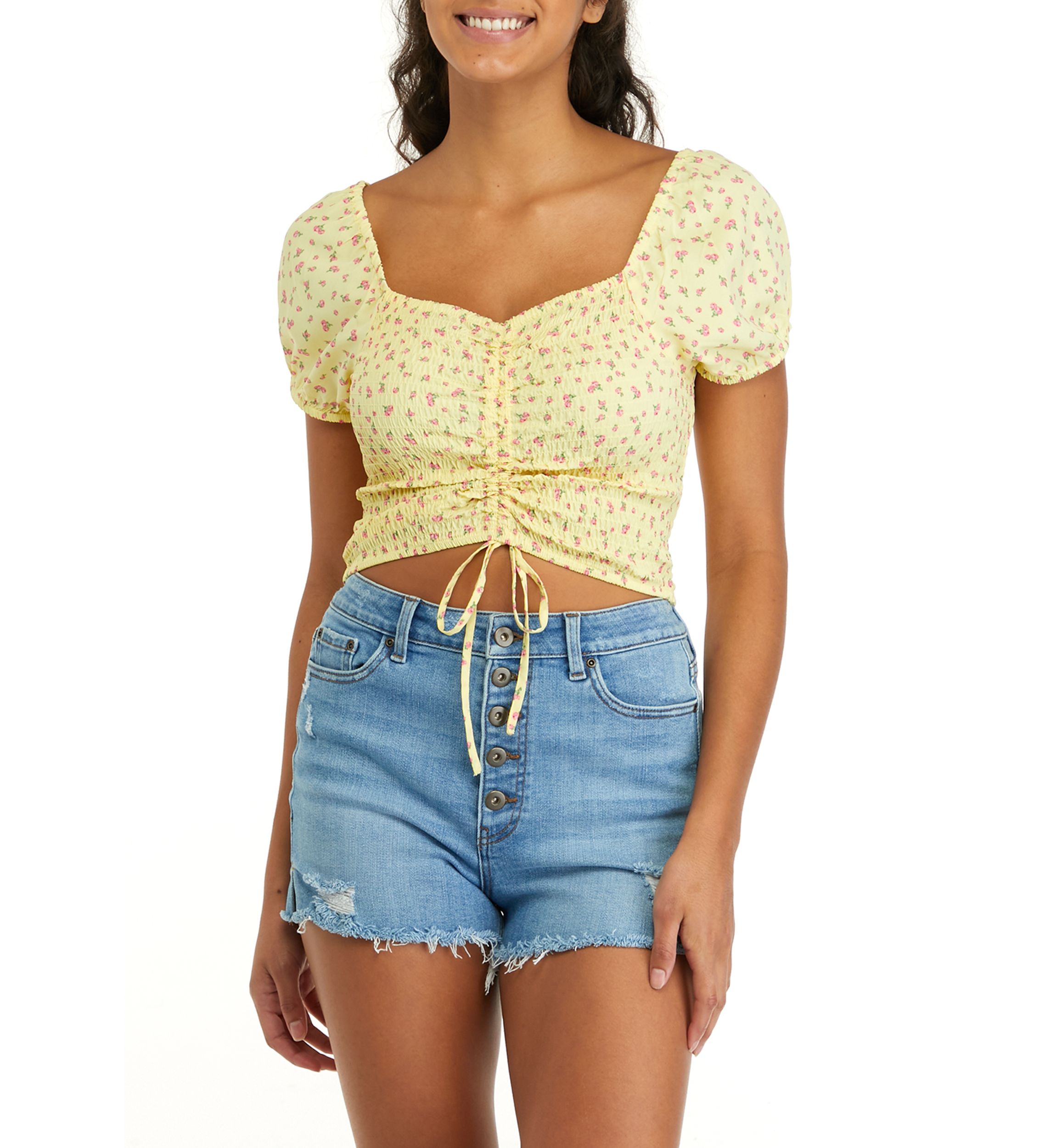 Womens Short Puff Sleeve Smocked Cinched Top