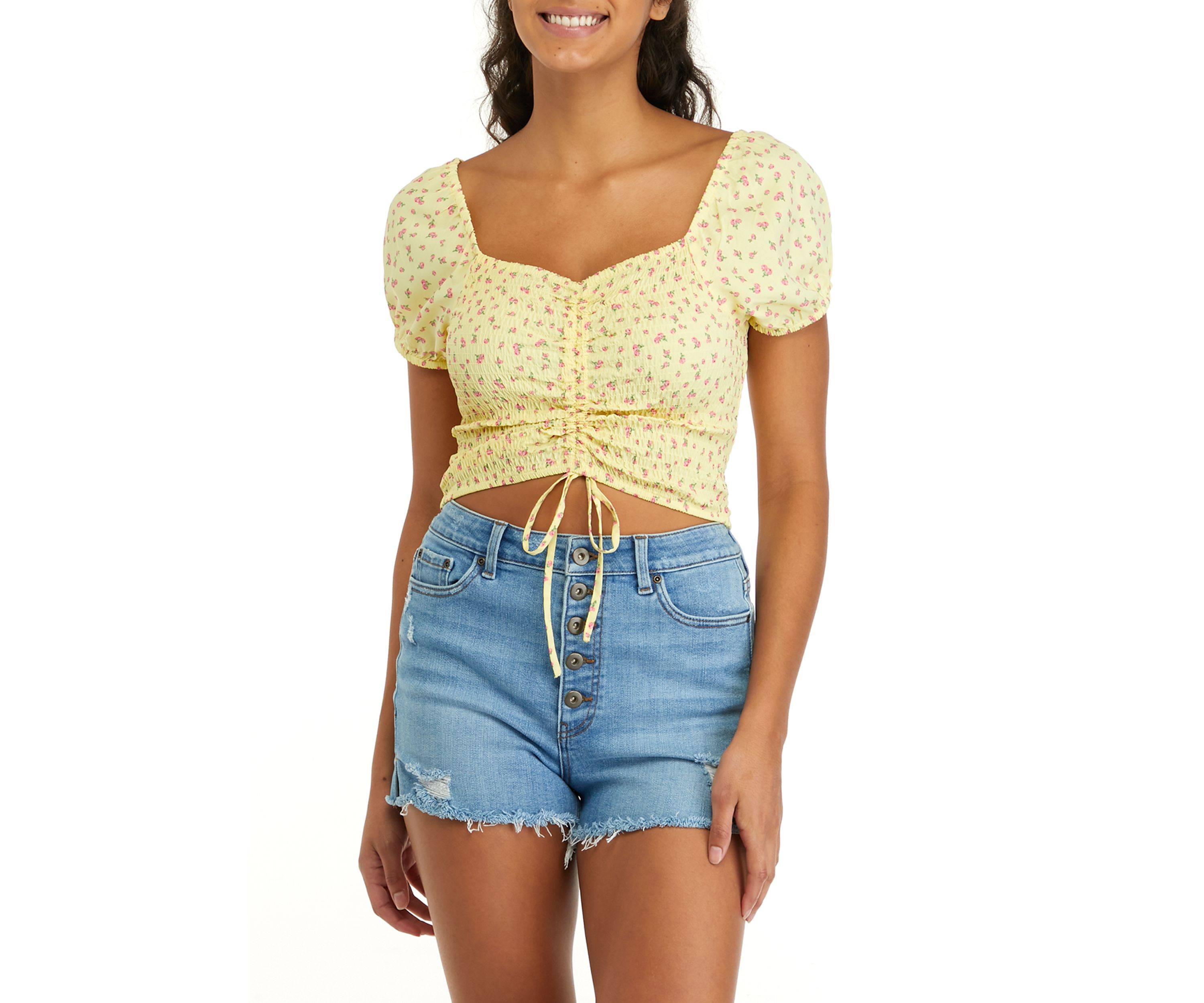 Womens Short Puff Sleeve Smocked Cinched Top
