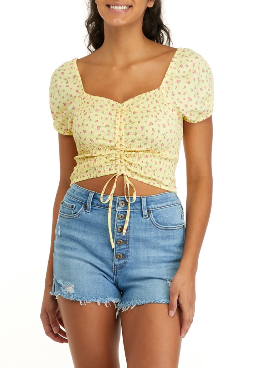 Womens Short Puff Sleeve Smocked Cinched Top