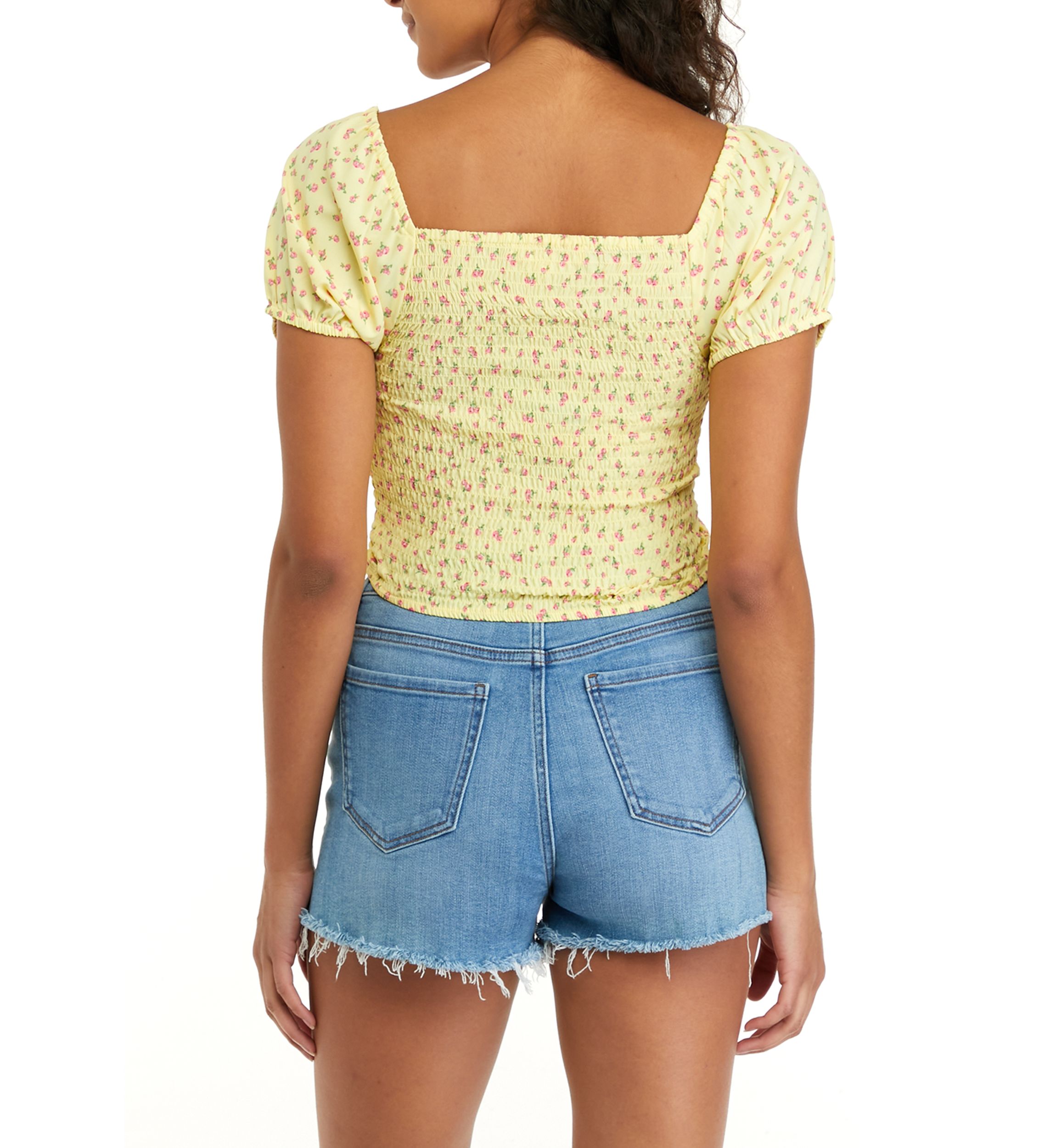 Womens Short Puff Sleeve Smocked Cinched Top