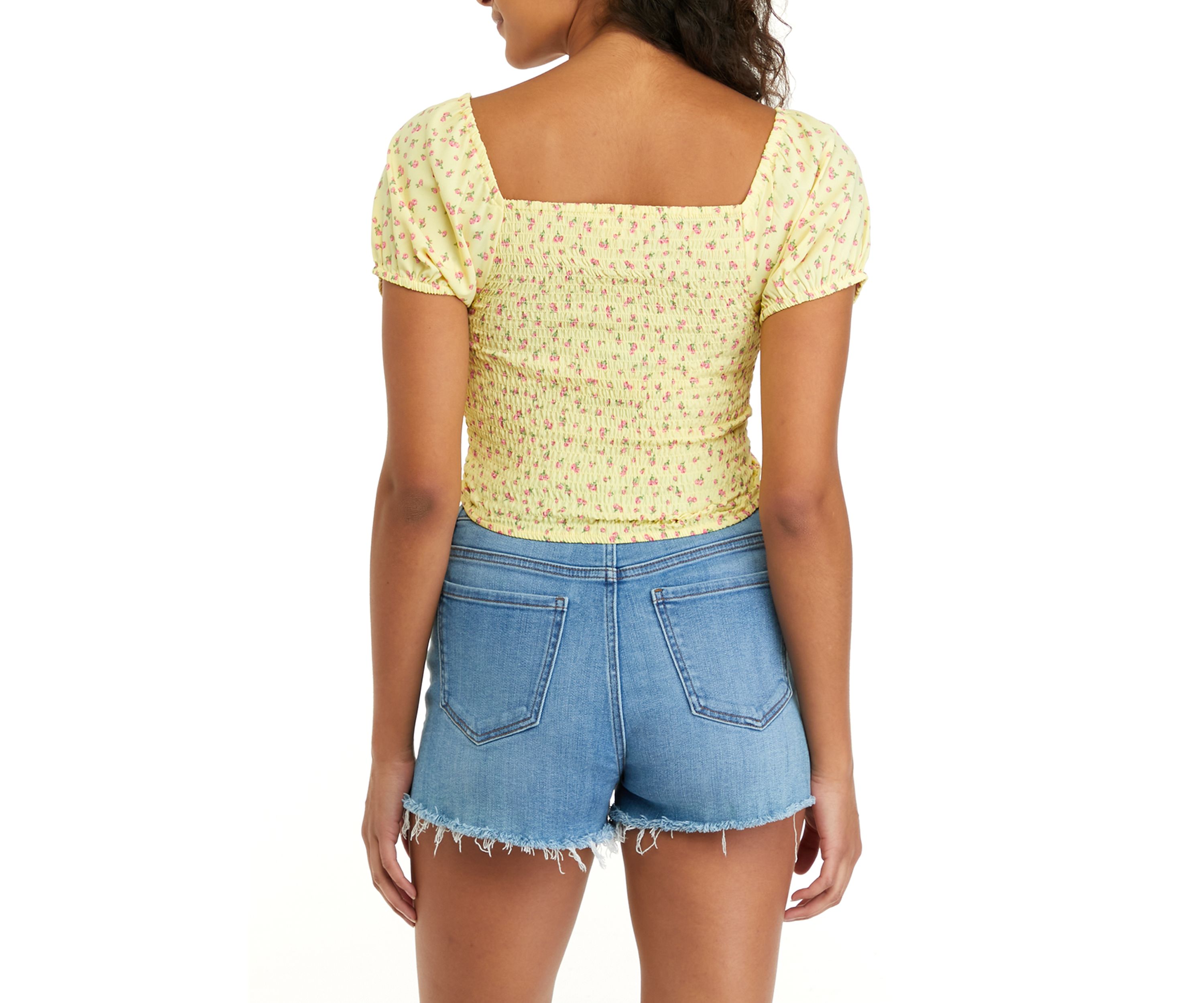 Womens Short Puff Sleeve Smocked Cinched Top