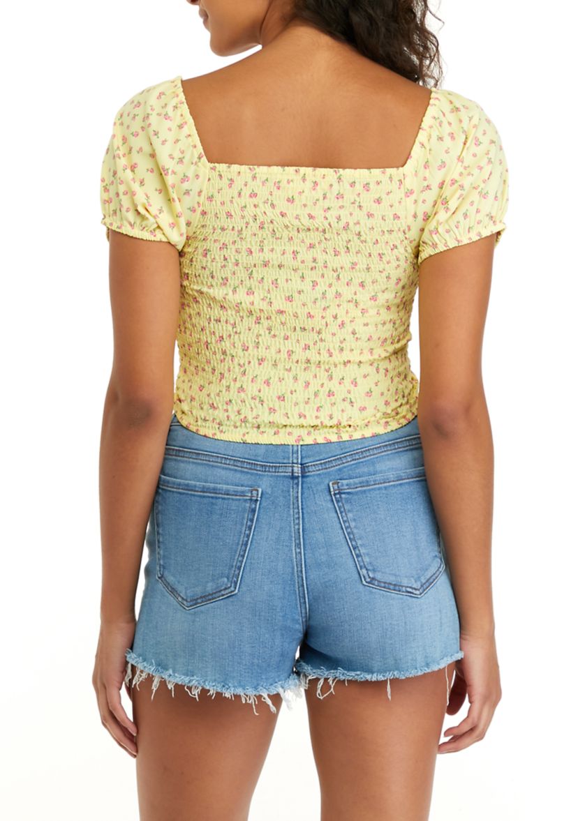 Womens Short Puff Sleeve Smocked Cinched Top