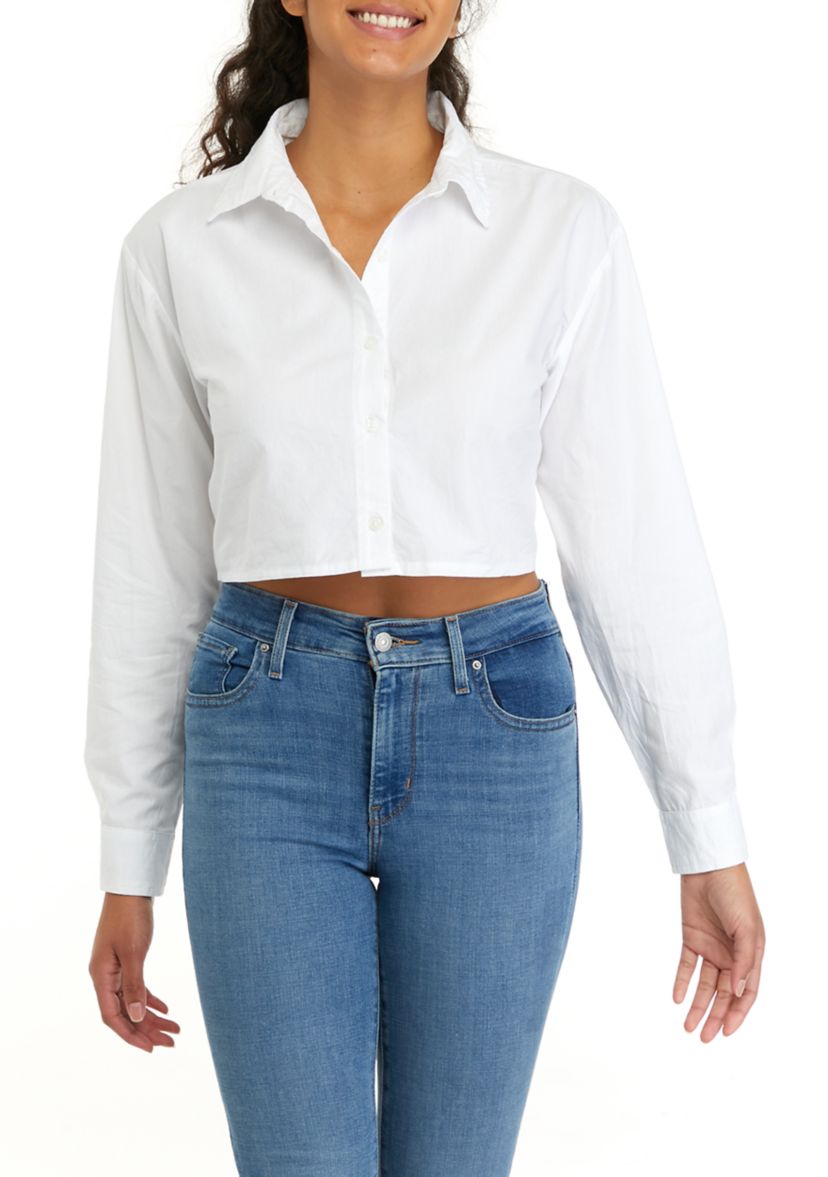 Juniors Long Sleeve Cropped Button Down Shirt