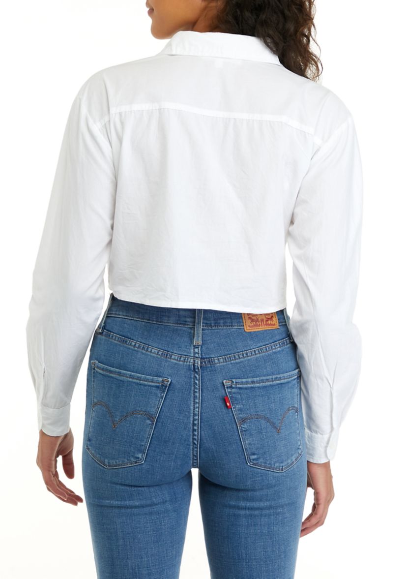 Juniors Long Sleeve Cropped Button Down Shirt