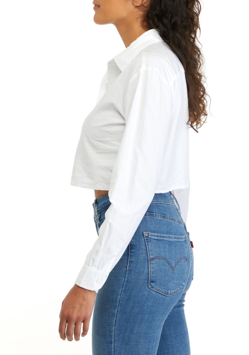 Juniors Long Sleeve Cropped Button Down Shirt