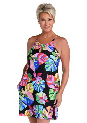 Tropical Floral Printed Haler Neck Swim Cover Up