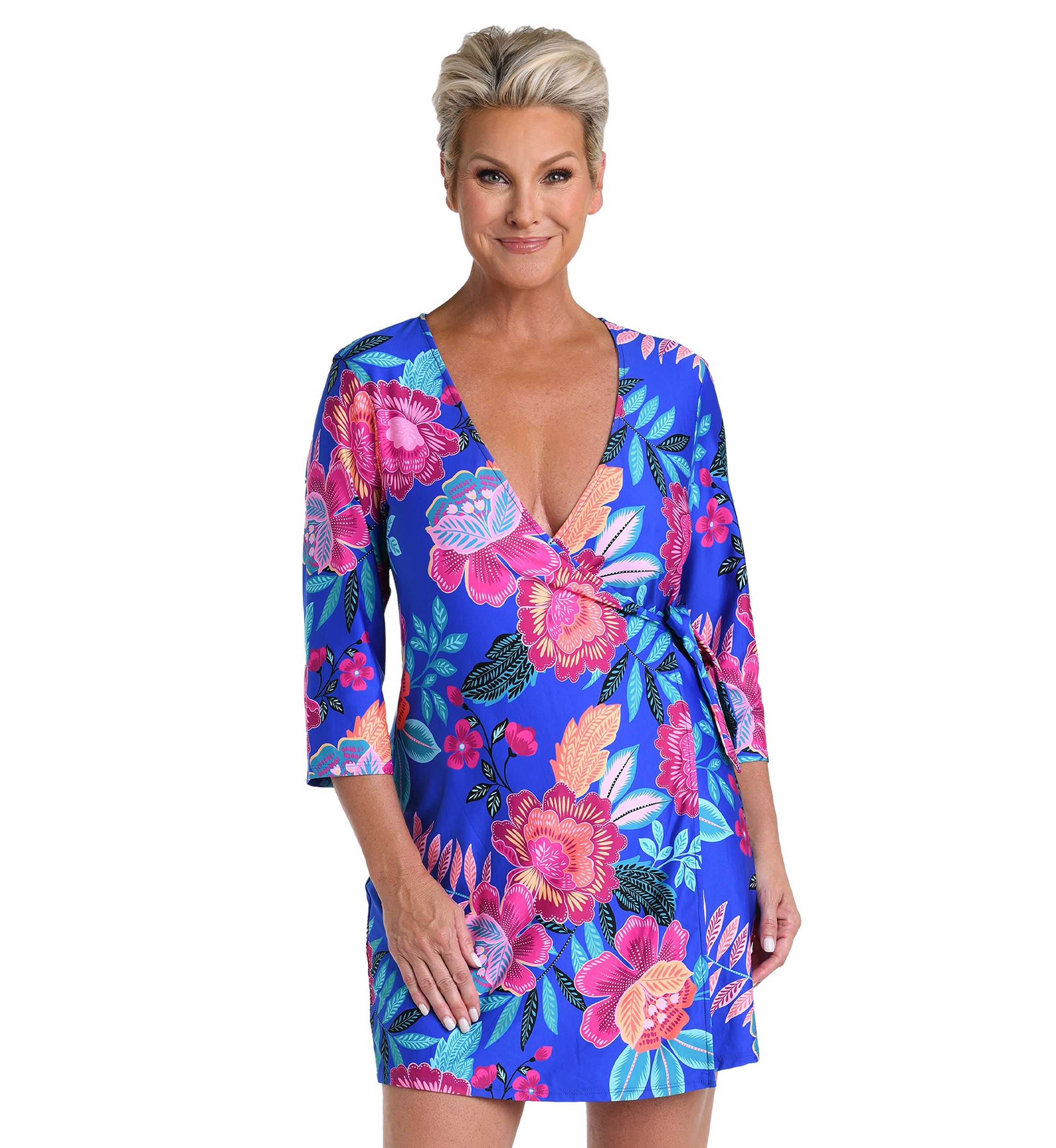Luminous 3/4 Sleeve Faux Wrap Swim Cover Up Dress