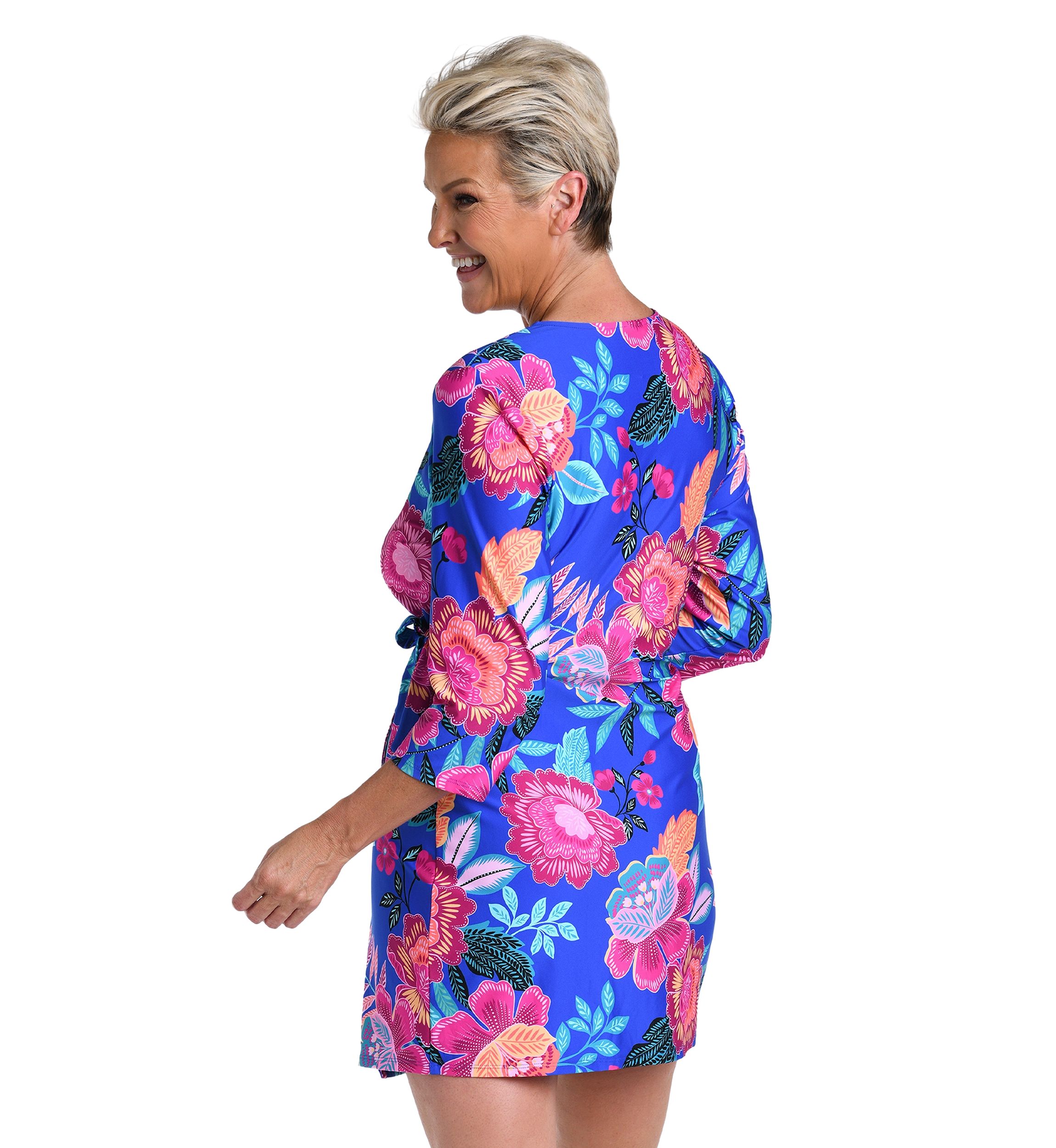 Luminous 3/4 Sleeve Faux Wrap Swim Cover Up Dress
