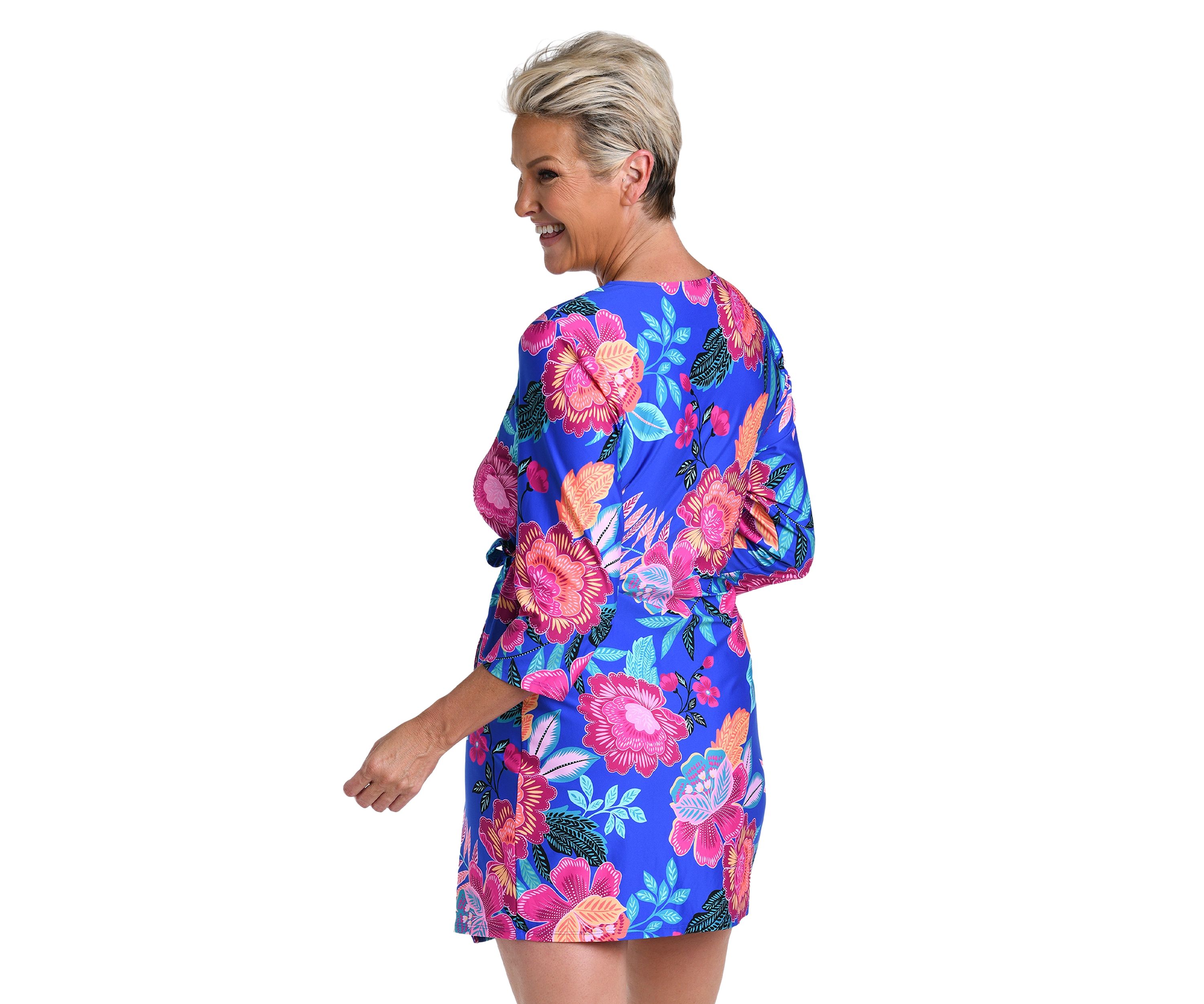 Luminous 3/4 Sleeve Faux Wrap Swim Cover Up Dress