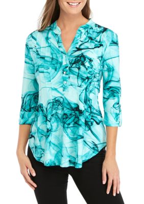 Dip Hem Roll Tab Sleeve Lace Up Tunic Blouse