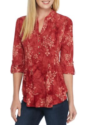 New Directions® Hi-Low Three-Quarter Roll Sleeve Foil Print Blouse | belk