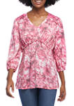 Womens 3/4 Puff Sleeve V-Neck Printed Peasant Top