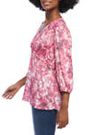 Womens 3/4 Puff Sleeve V-Neck Printed Peasant Top