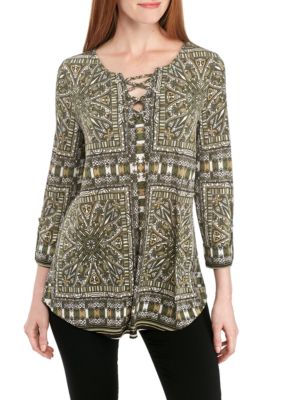 new directions three quarter double sleeve bar back printed top