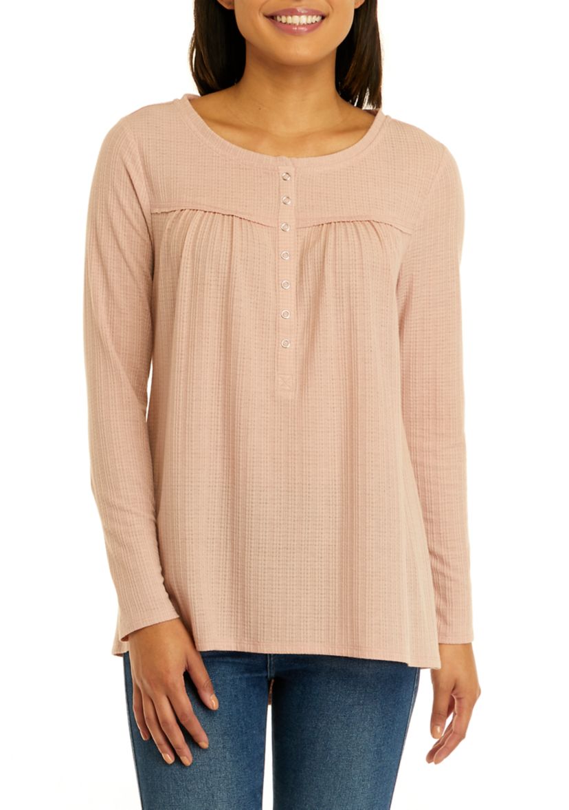 Womens Long Sleeve Textured Henley Tunic