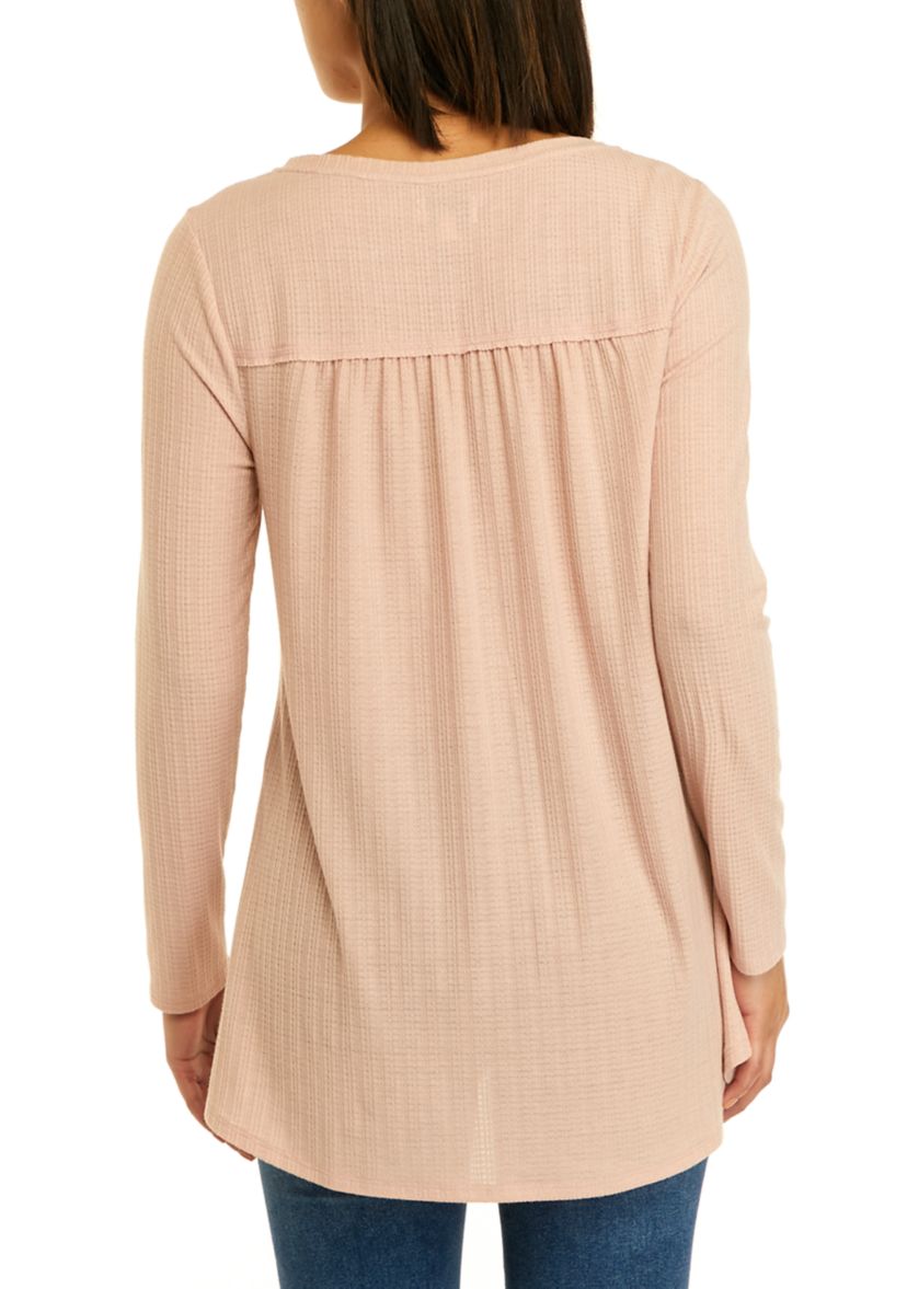 Womens Long Sleeve Textured Henley Tunic