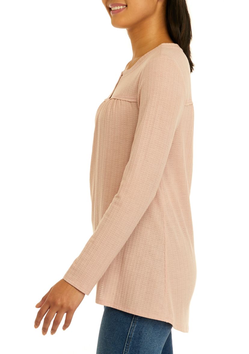 Womens Long Sleeve Textured Henley Tunic