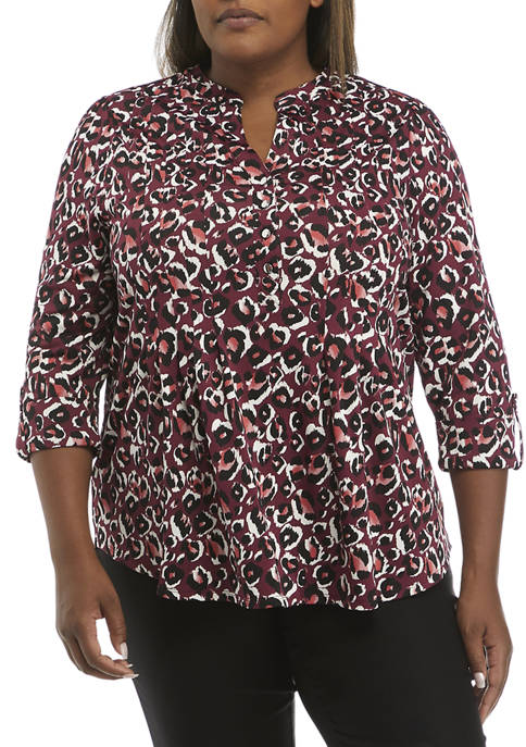 Kim Rogers® Plus Size 3/4 Sleeve Henley Leopard