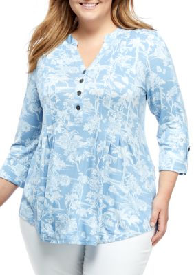 New Directions® Plus Size Roll Tab Sleeve Knit Henley Top | belk