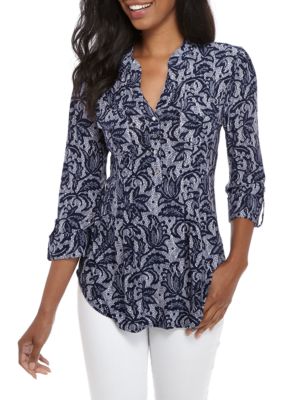 New Directions® Petite Henley Lace Print Blouse | belk