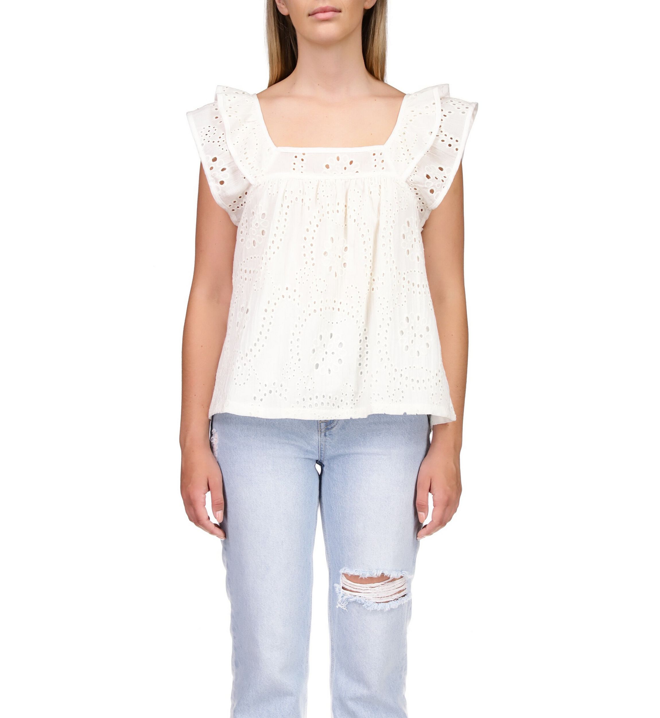 Womens Eyelet Ruffle Sleeve Top