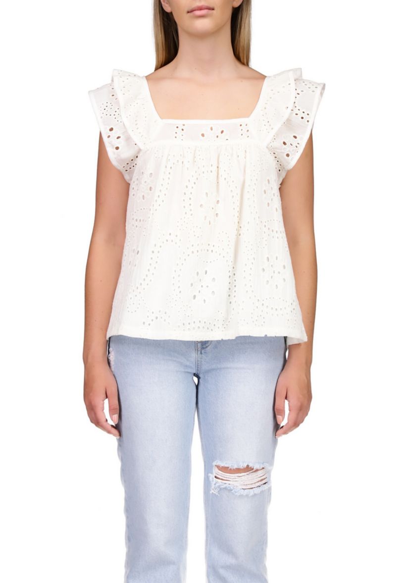 Womens Eyelet Ruffle Sleeve Top