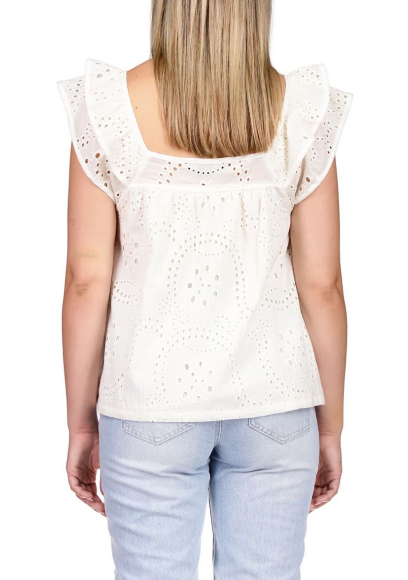 Womens Eyelet Ruffle Sleeve Top