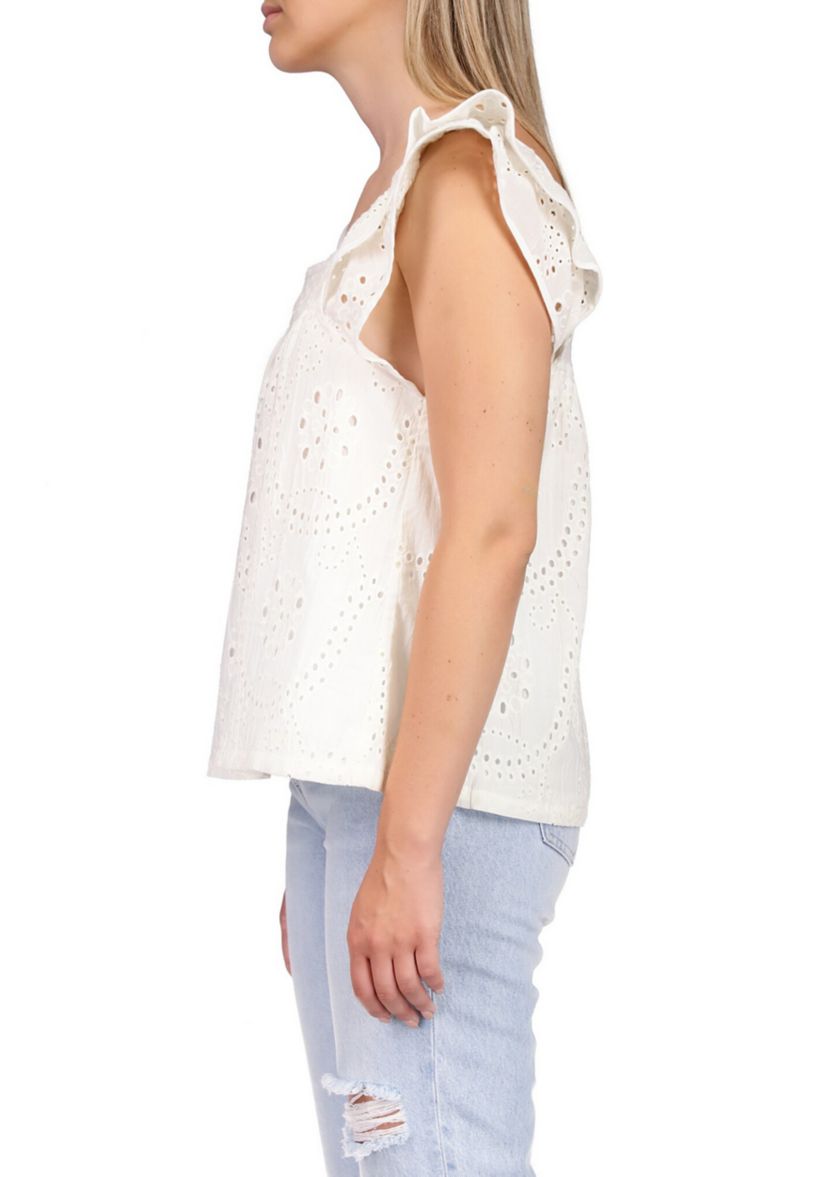 Womens Eyelet Ruffle Sleeve Top