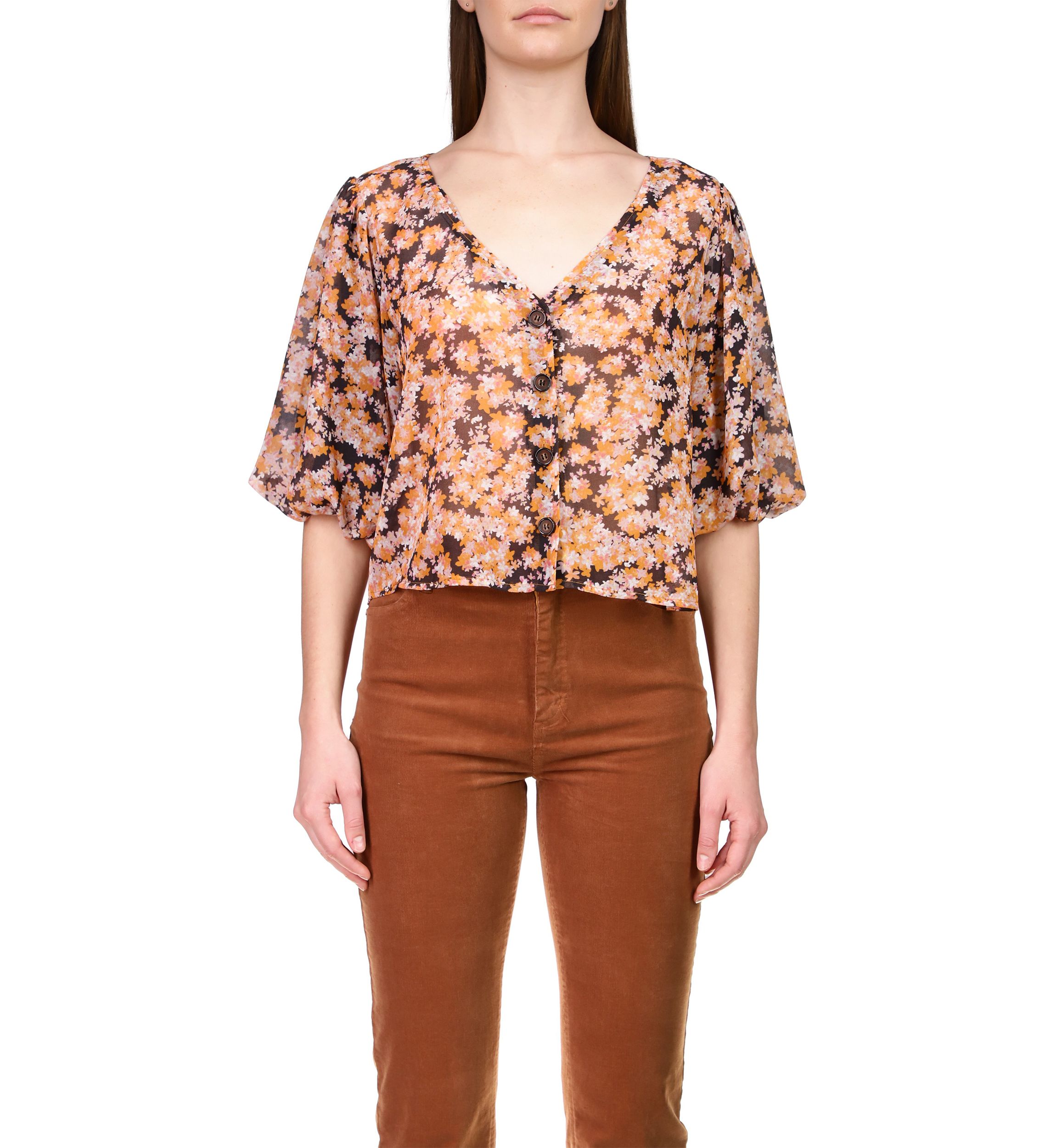 Womens Puff Sleeve Button Front Top