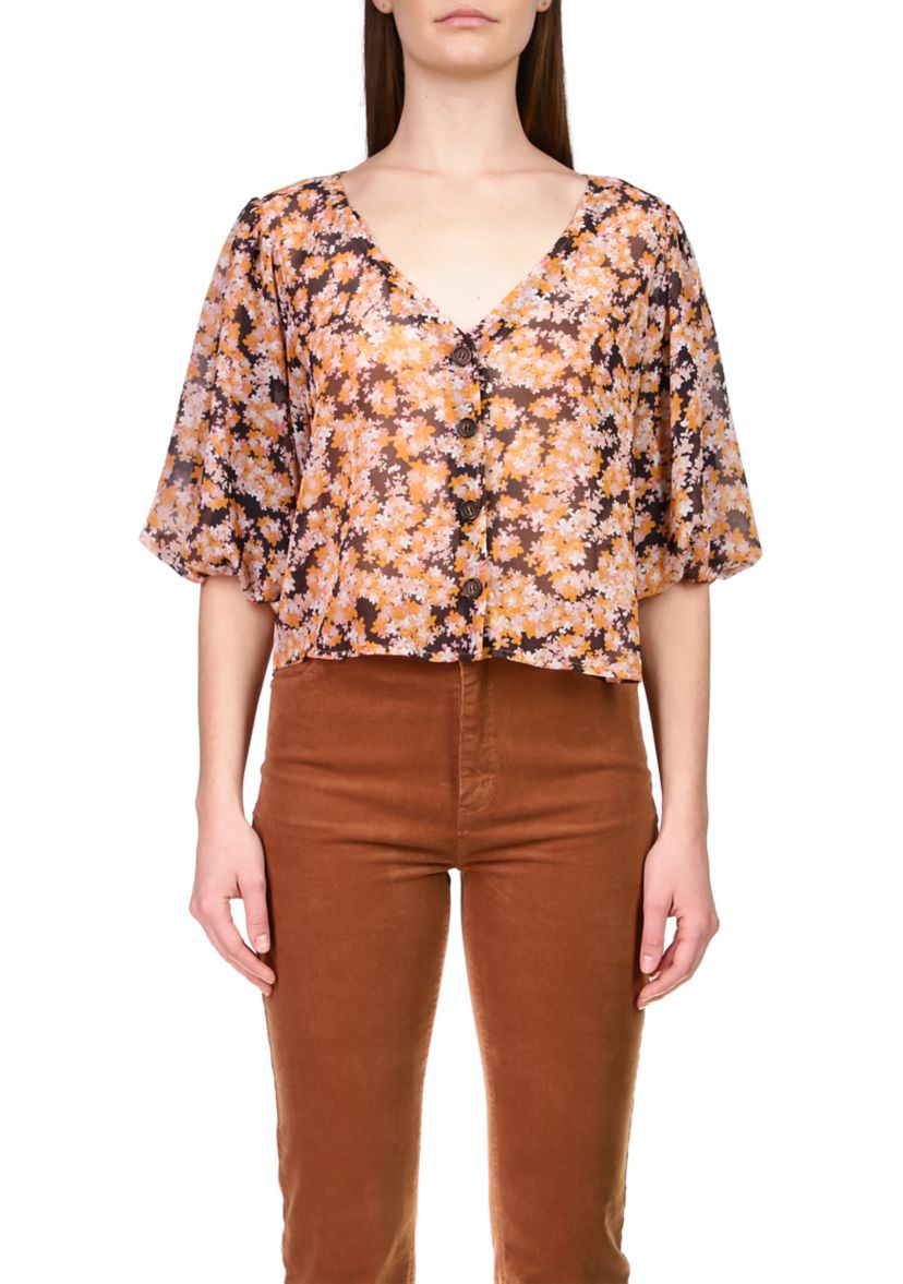 Womens Puff Sleeve Button Front Top