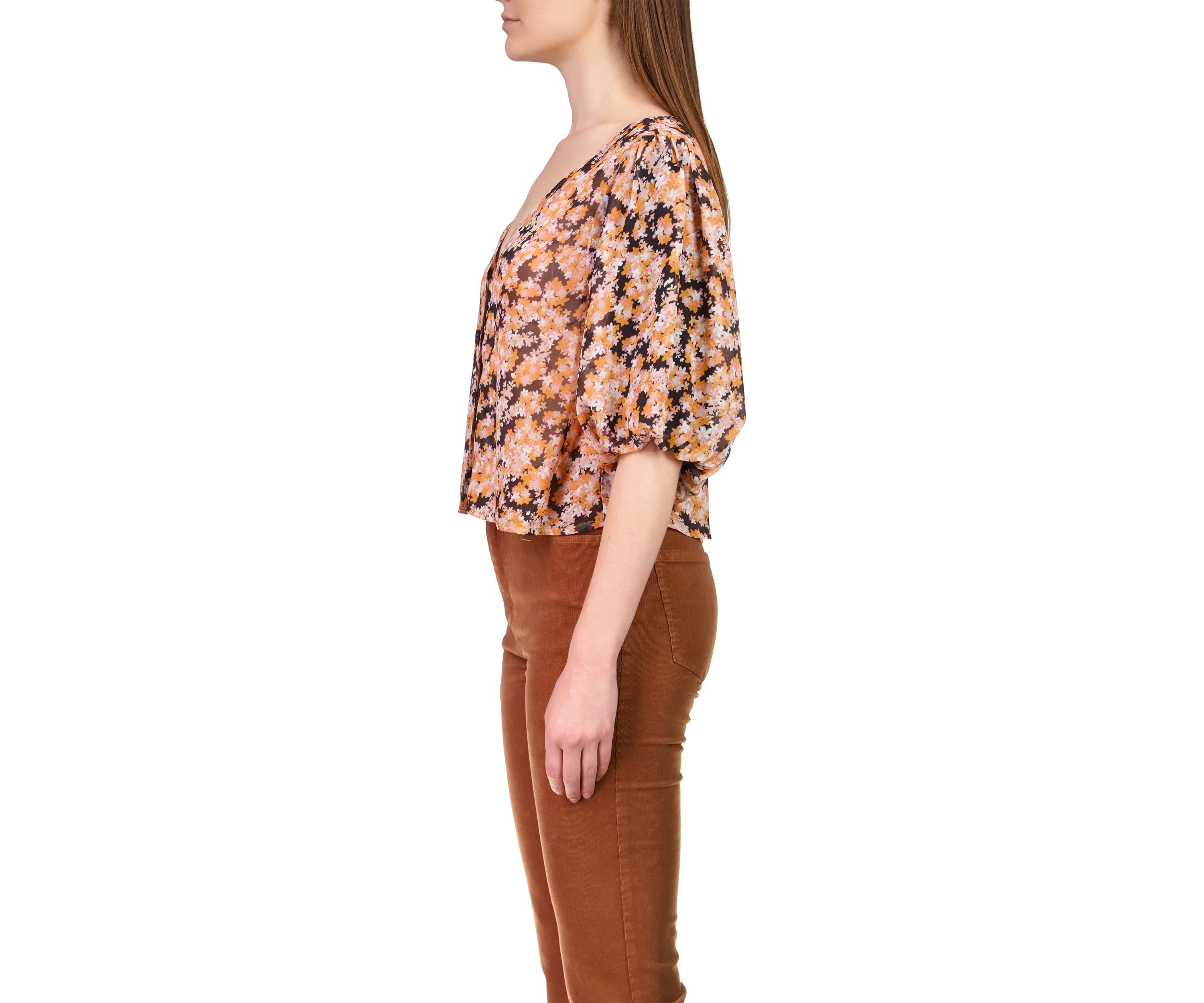Womens Puff Sleeve Button Front Top