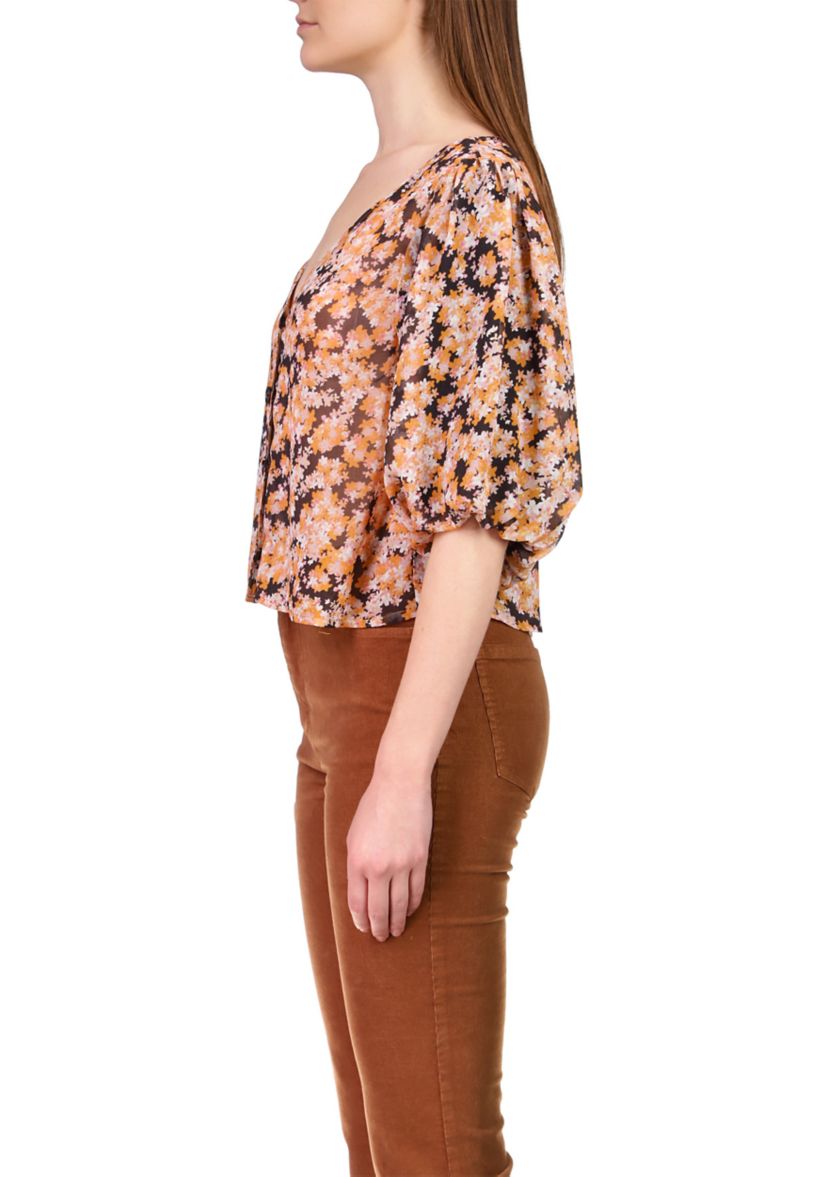 Womens Puff Sleeve Button Front Top