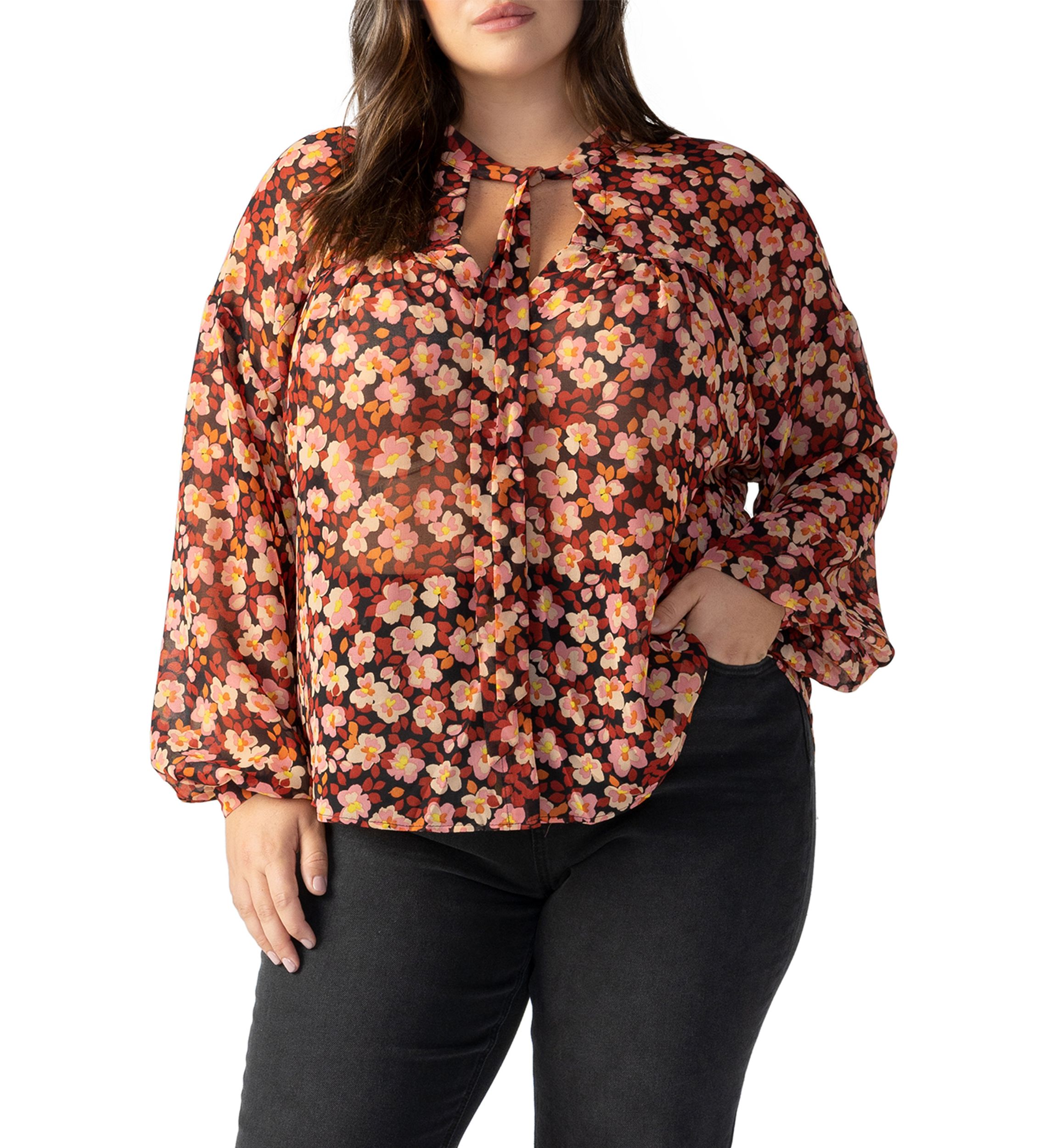 Plus Size Long Sleeve Tie Neck Woven Blouse