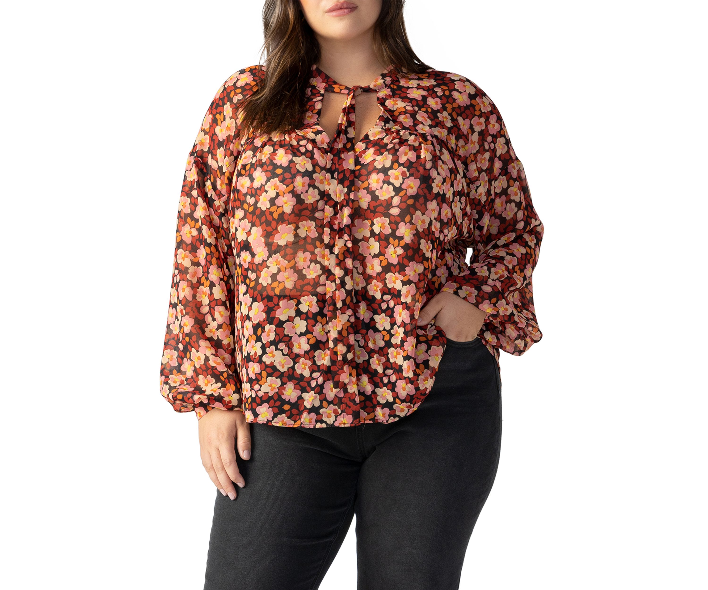 Plus Size Long Sleeve Tie Neck Woven Blouse