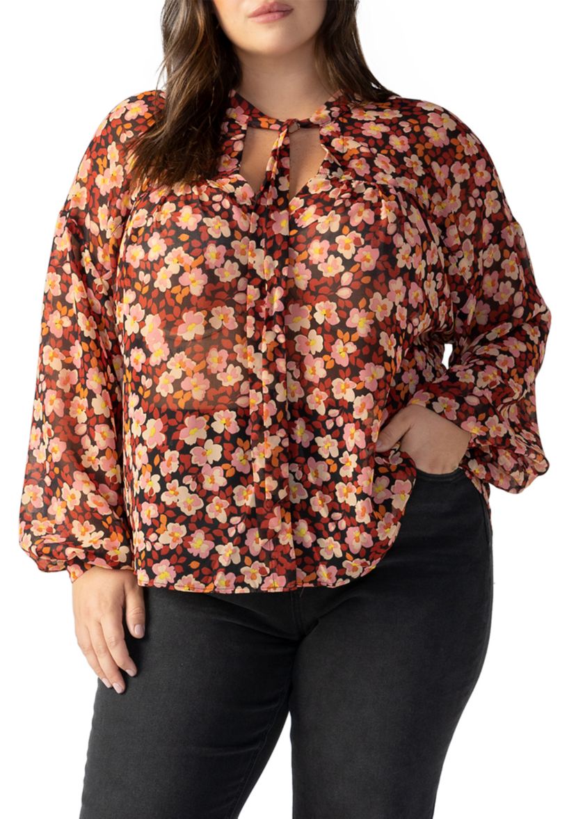 Plus Size Long Sleeve Tie Neck Woven Blouse