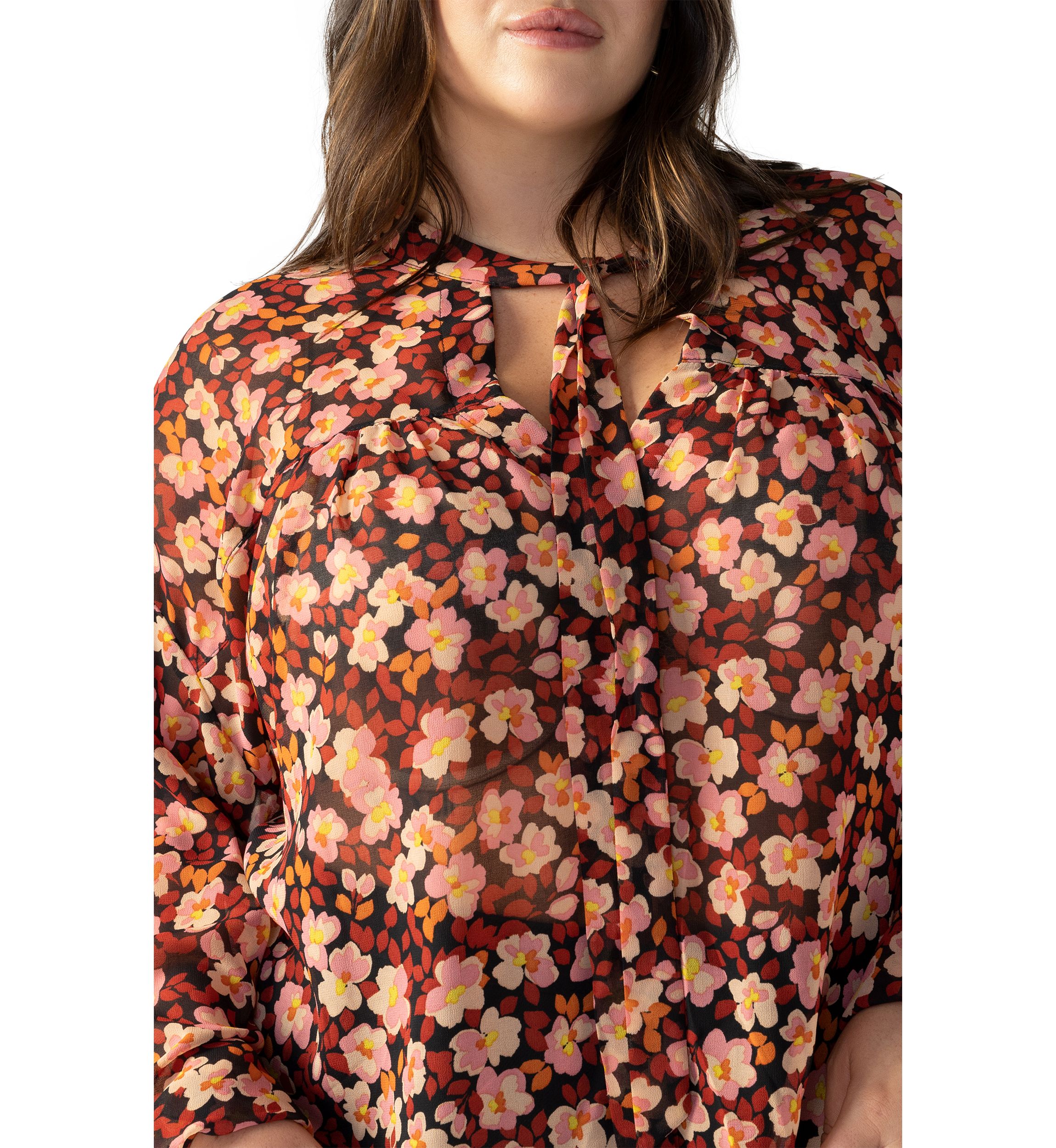 Plus Size Long Sleeve Tie Neck Woven Blouse