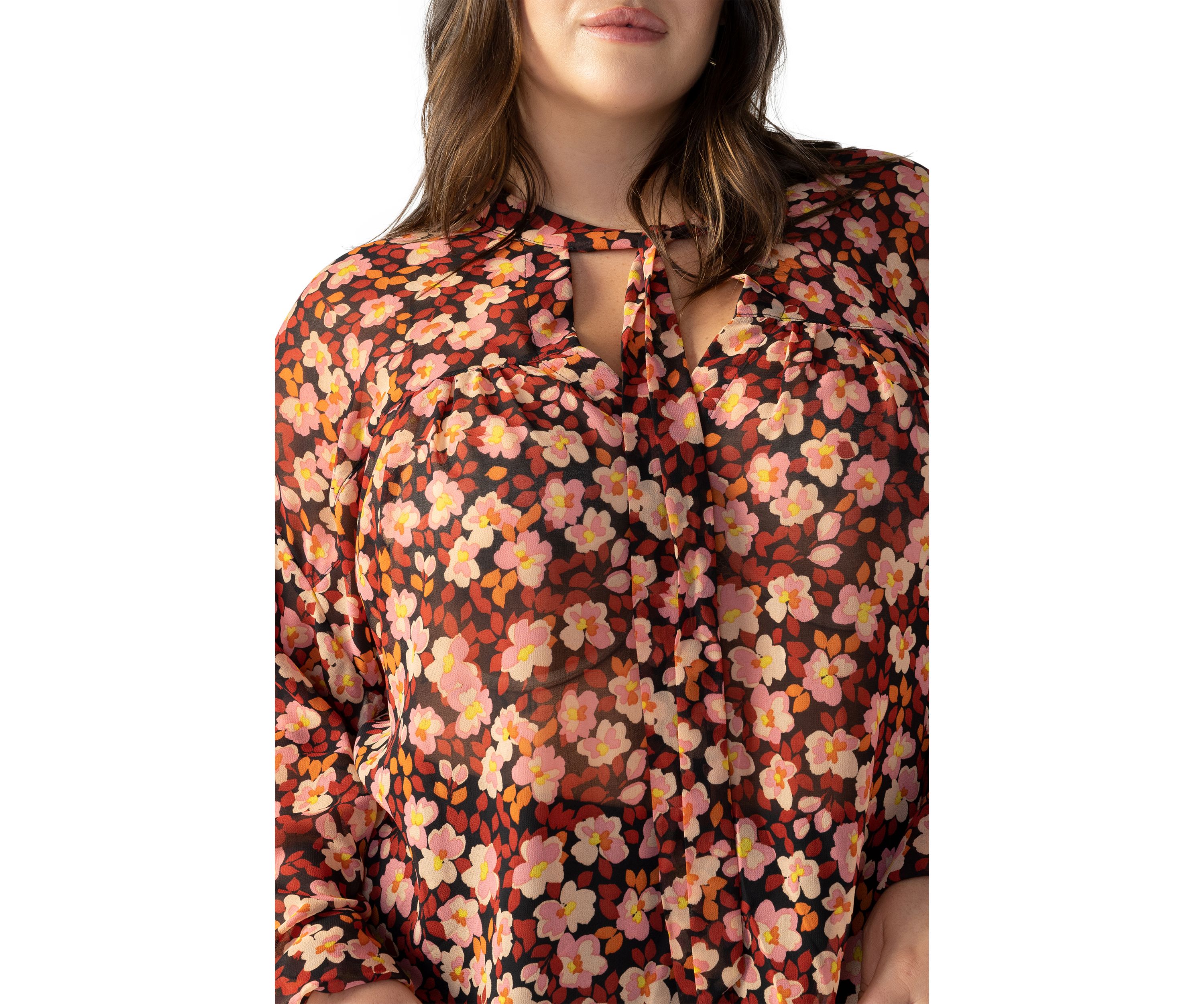 Plus Size Long Sleeve Tie Neck Woven Blouse