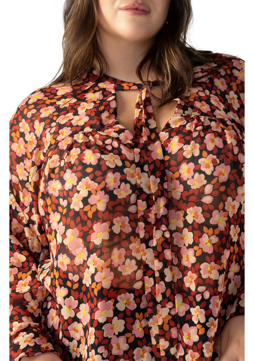Plus Size Long Sleeve Tie Neck Woven Blouse