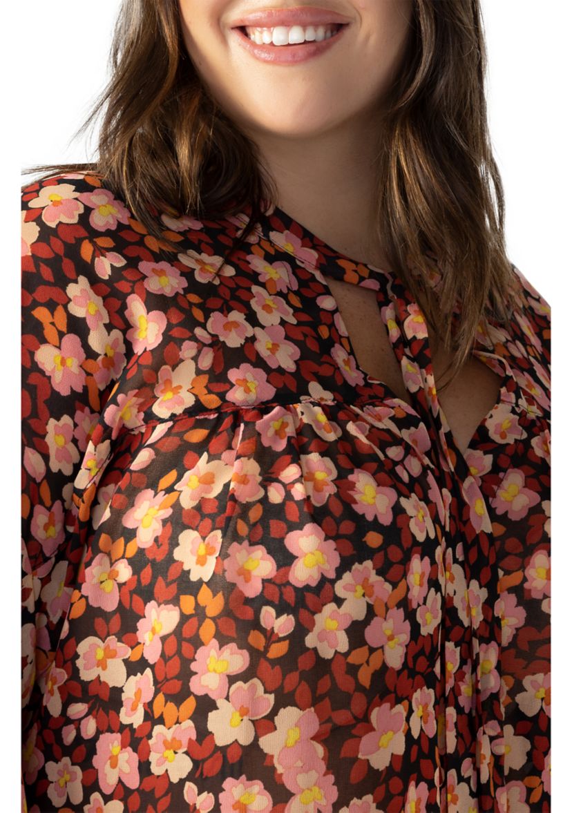 Plus Size Long Sleeve Tie Neck Woven Blouse