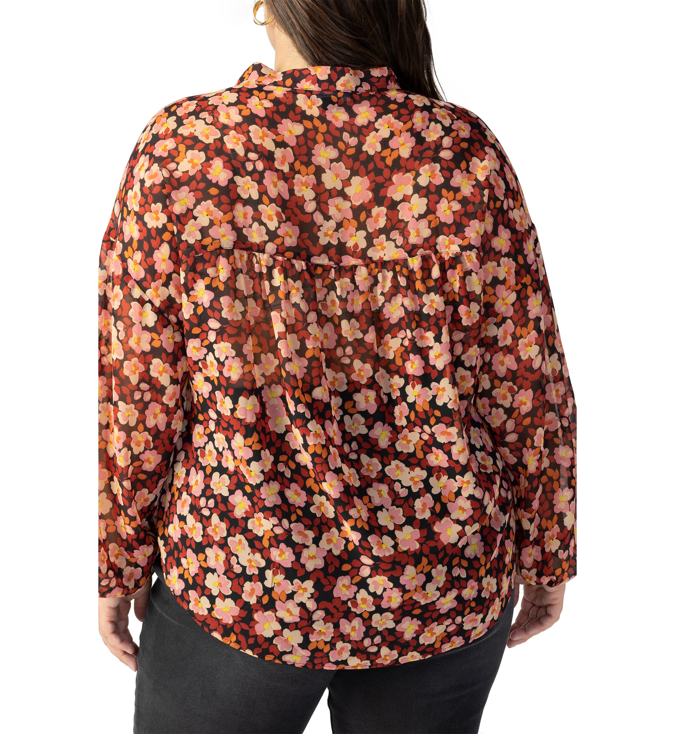 Plus Size Long Sleeve Tie Neck Woven Blouse