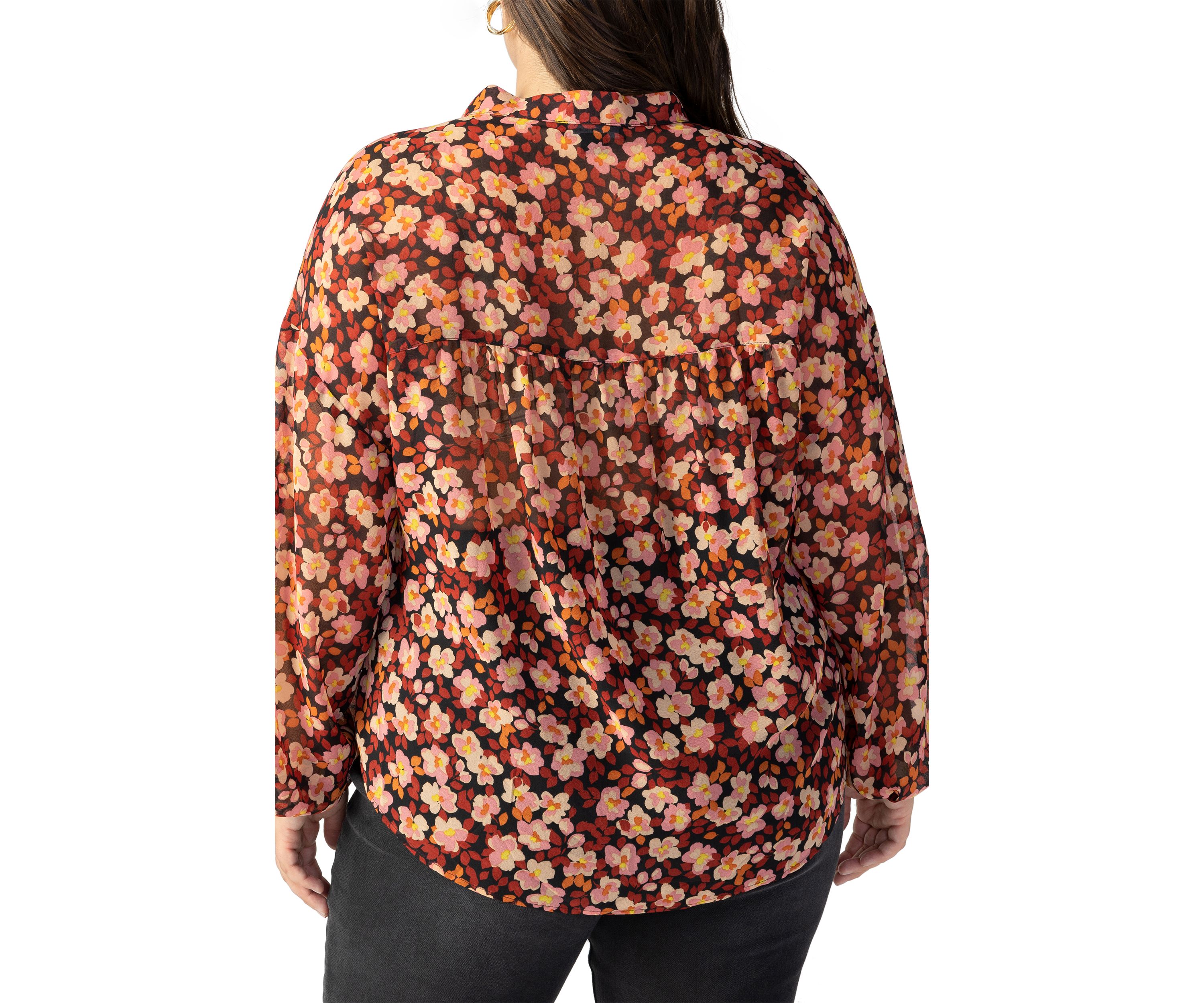 Plus Size Long Sleeve Tie Neck Woven Blouse