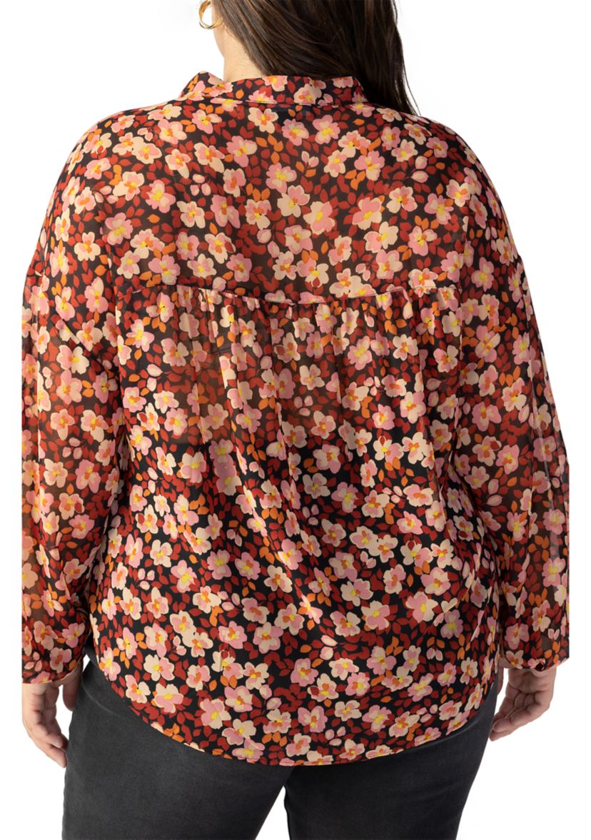 Plus Size Long Sleeve Tie Neck Woven Blouse