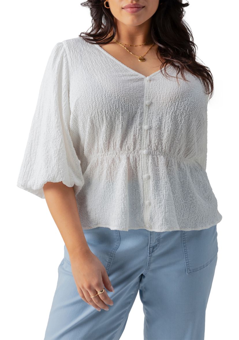 Plus Size Textured Button Front Blouse