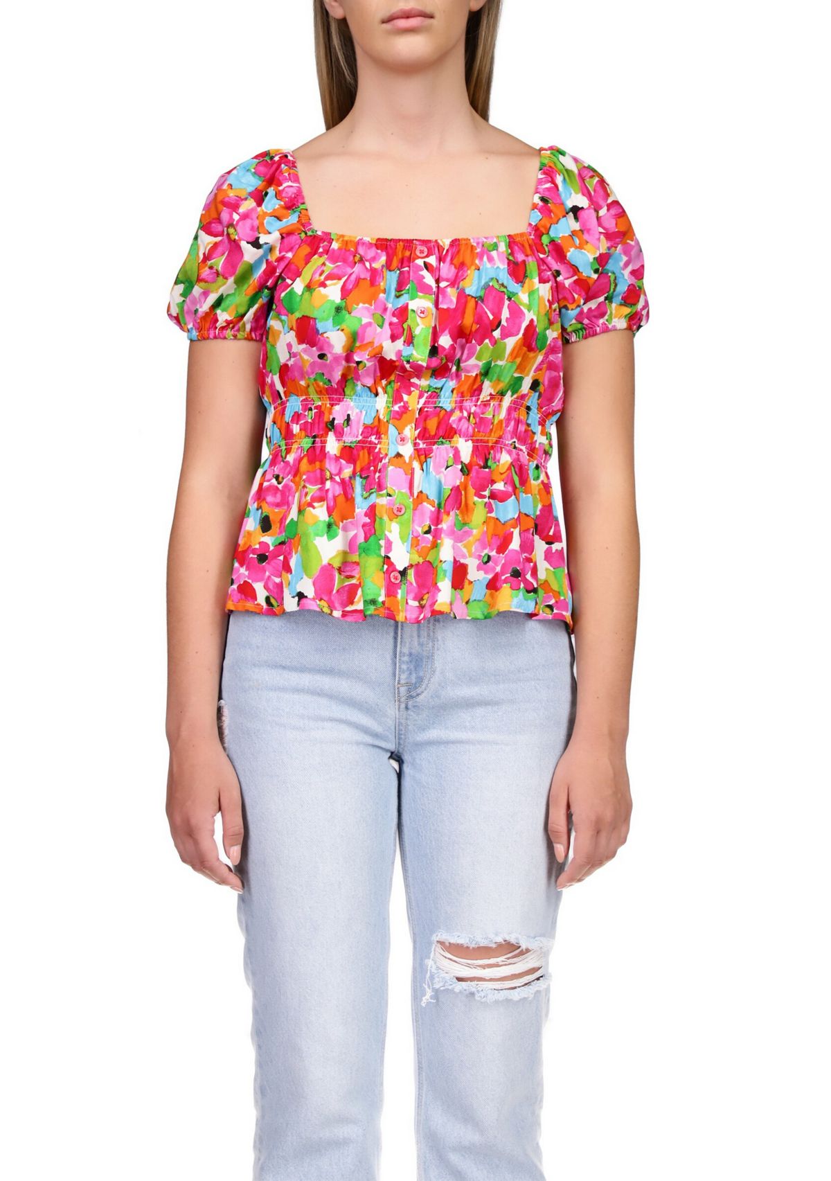 Womens Puff Sleeve Floral Top