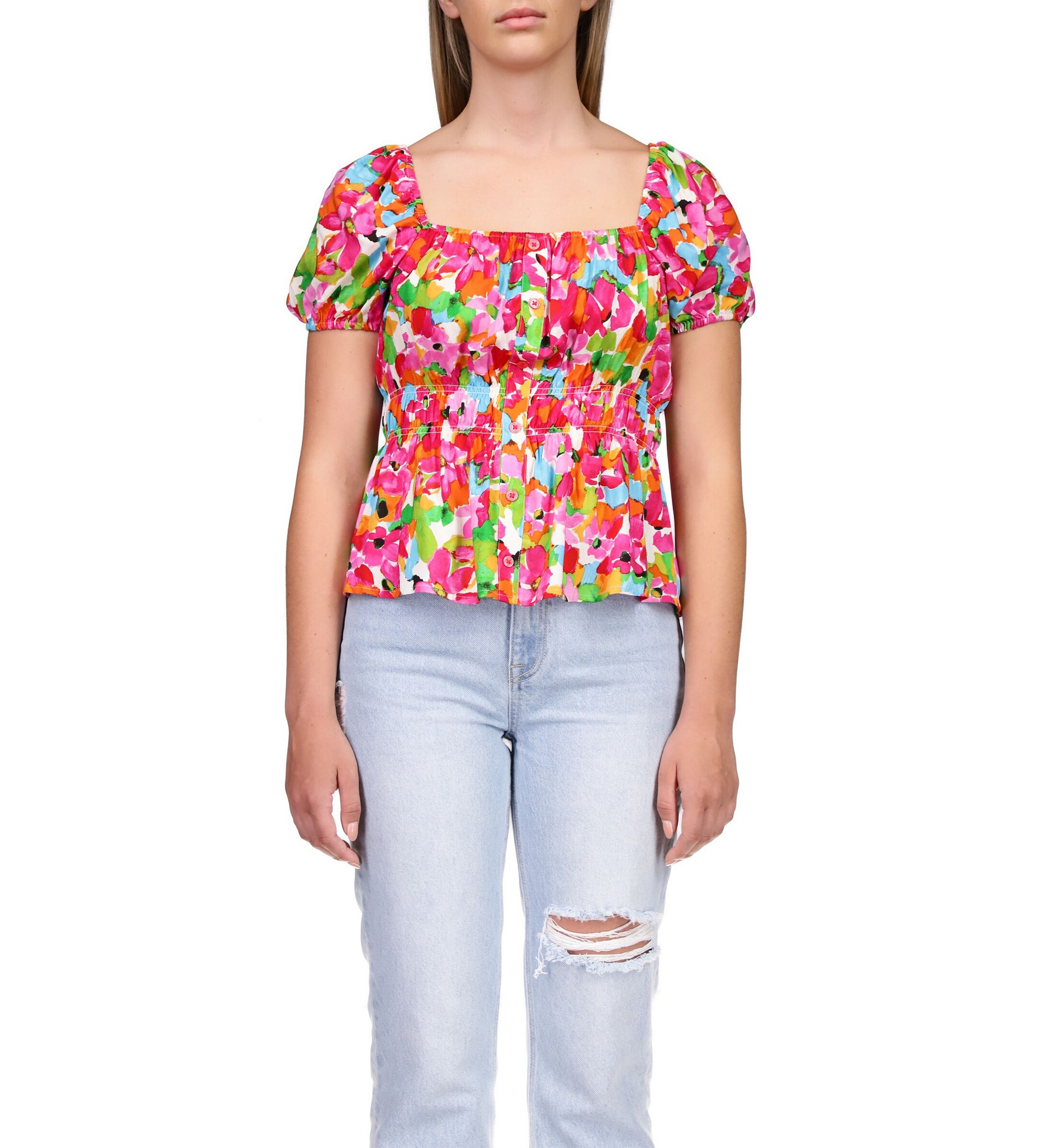 Womens Puff Sleeve Floral Top
