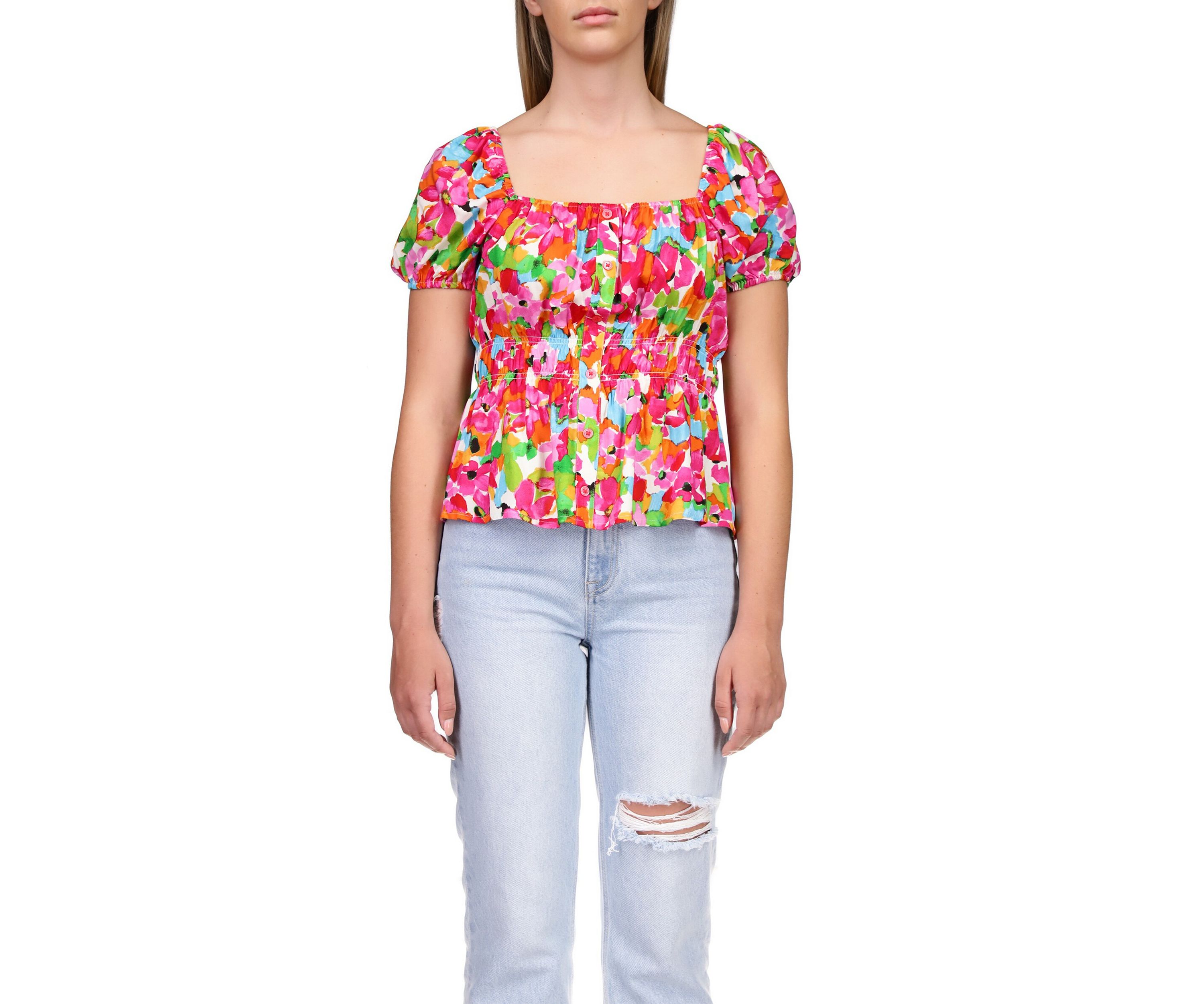 Womens Puff Sleeve Floral Top